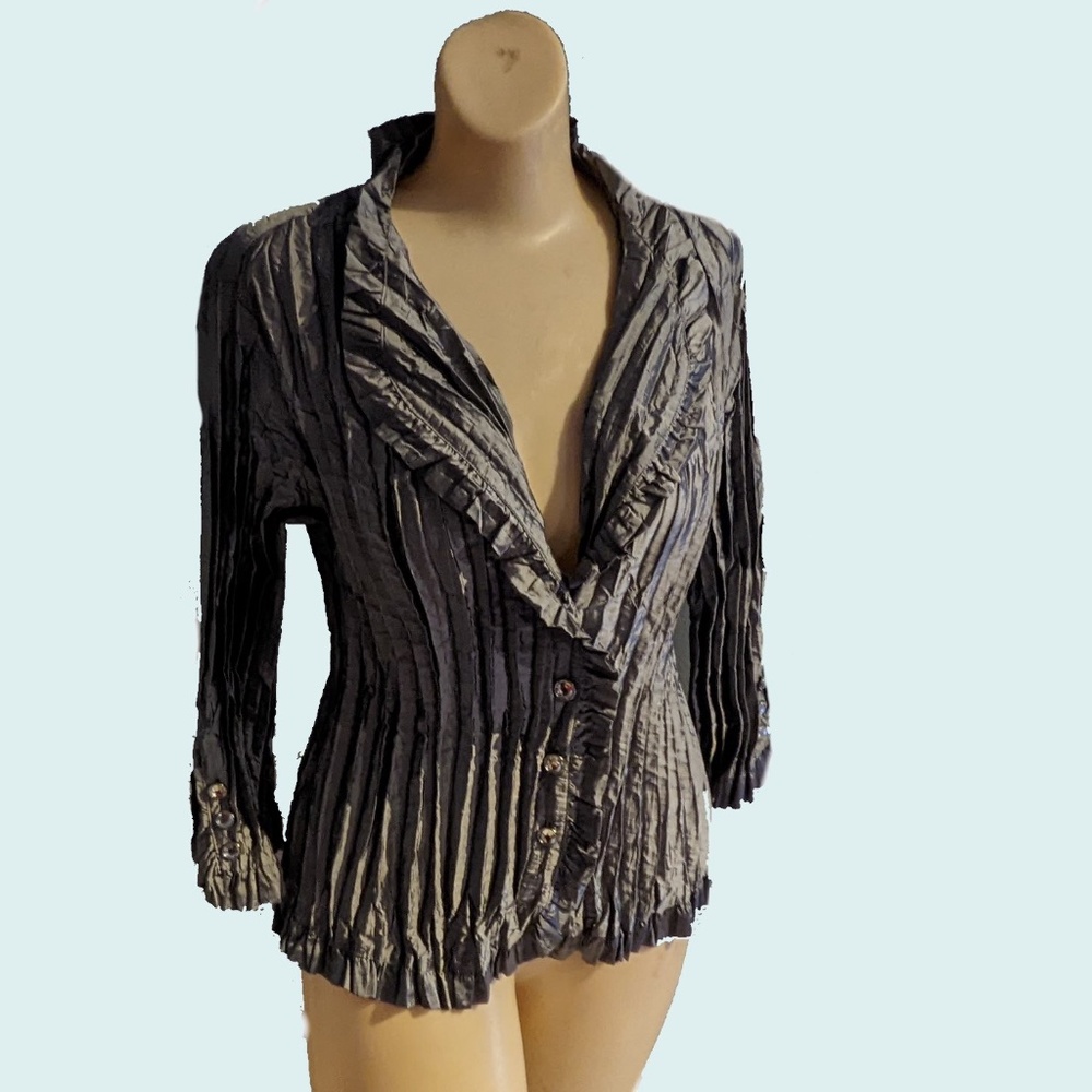 Issey Style Dressy Fortuny Pleated Silver Gray Blouse Medium